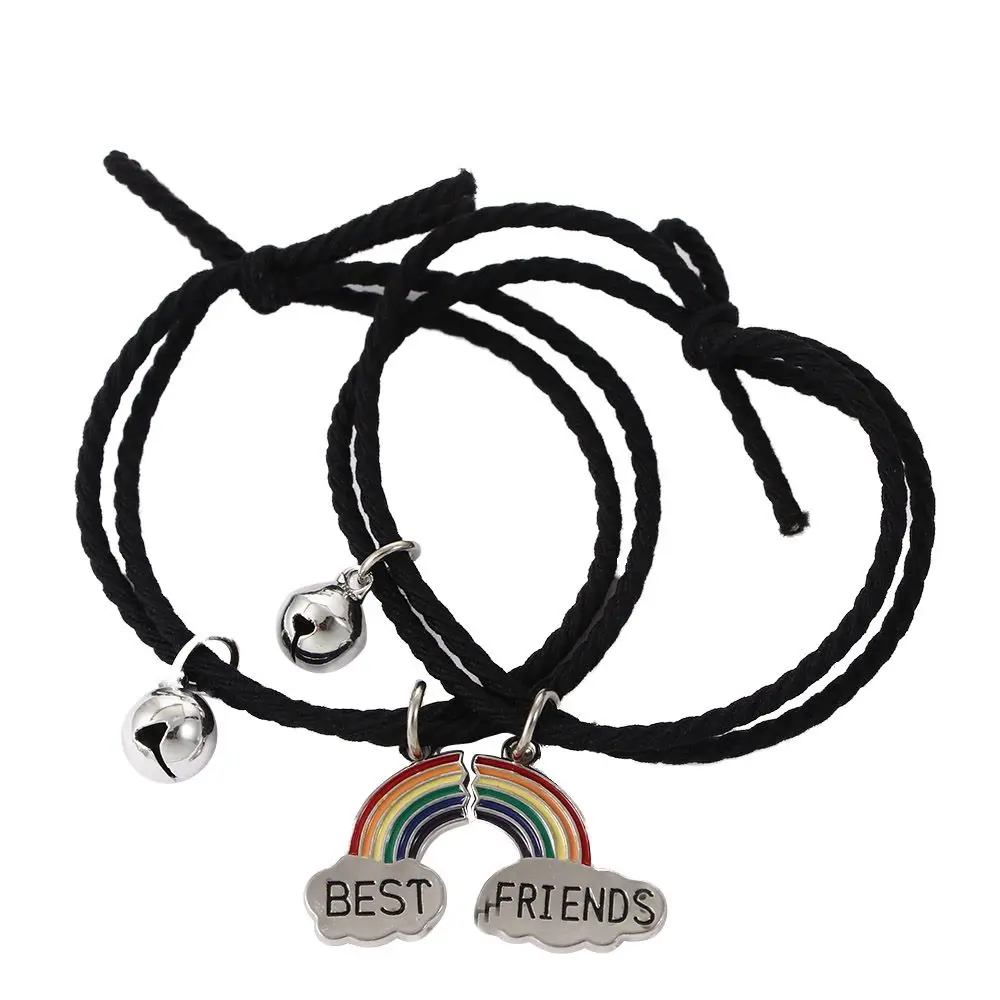 2Pcs/Set Melhor Amigo Pulseiras de arco-íris Bonito Bell Pendente Ajustável Corda Trançada Pulseira da Amizade Presente da Jóia