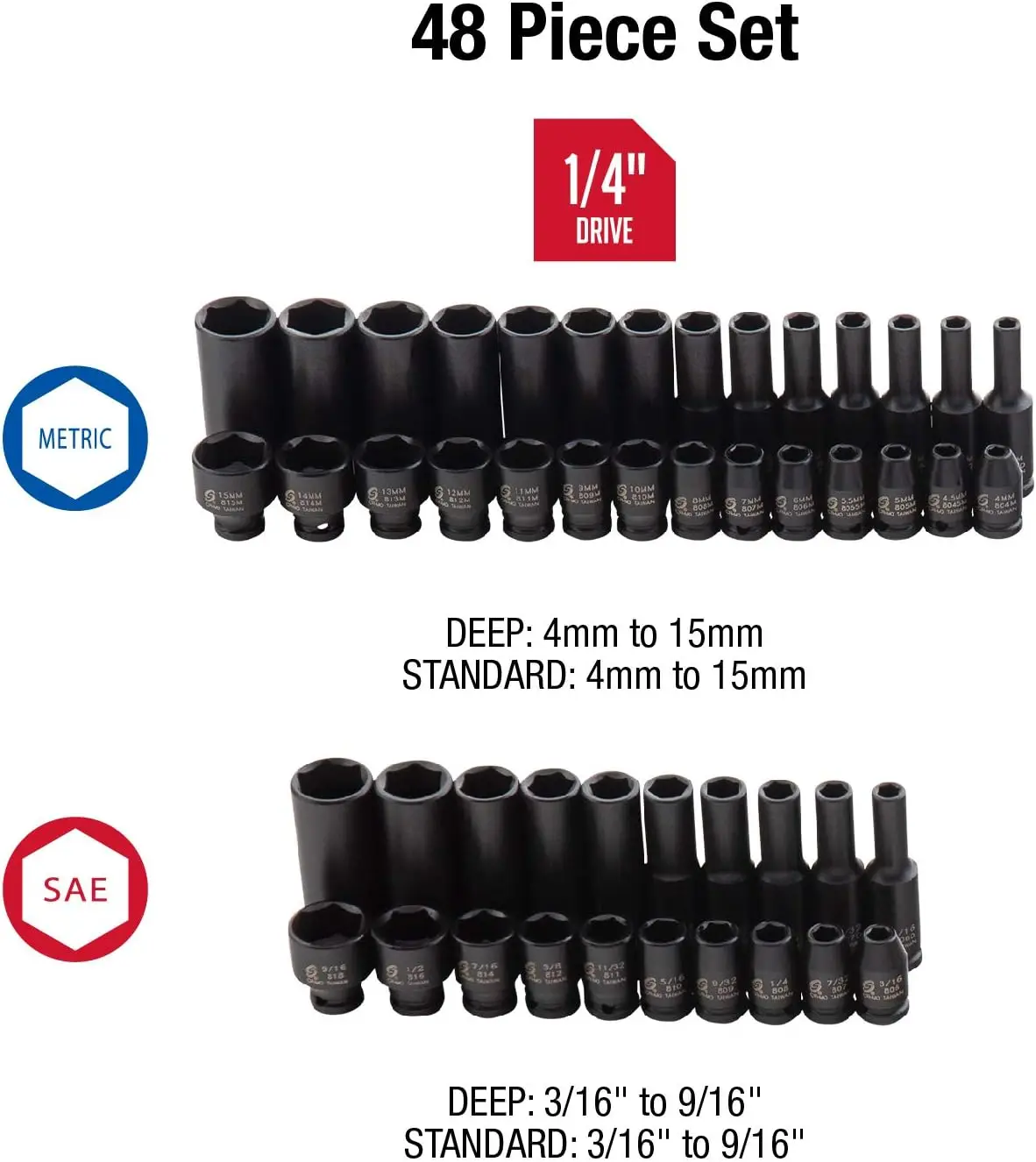 1848, 1/4 de Polegada Unidade Master Socket Conjunto, 48-Peça, SAE/Métrica, 3/16 Polegadas - 9/16 Polegadas, 4mm - 15mm, Standard/Deep, de Aço Cr-Mo, R