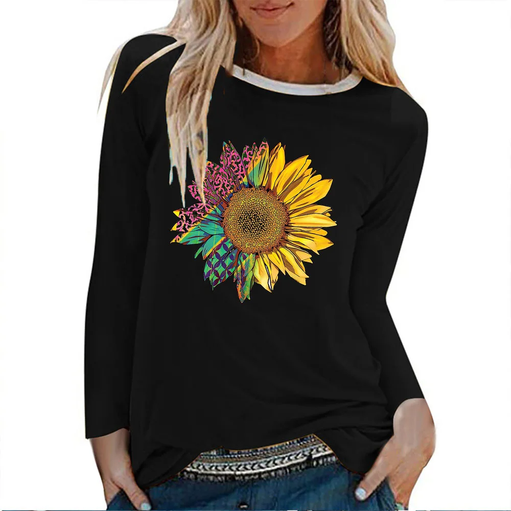 Seeyoushy Impressão de Flor De 2023 Outono/Inverno Nova Tendência O-pescoço Longo da Luva T-shirt Senhoras Moda de Topo Y2K Estética da Roupa das Mulheres