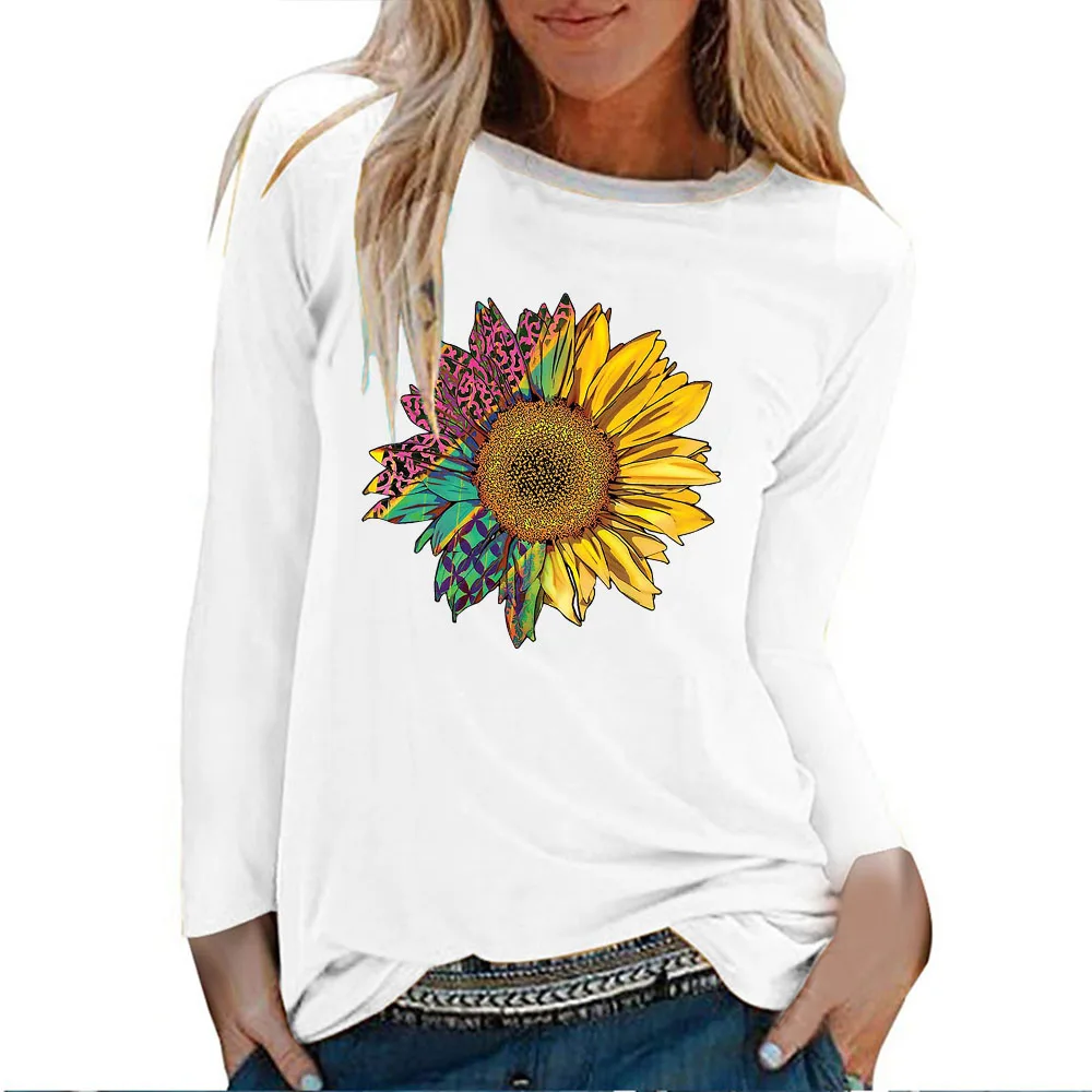 Seeyoushy Impressão de Flor De 2023 Outono/Inverno Nova Tendência O-pescoço Longo da Luva T-shirt Senhoras Moda de Topo Y2K Estética da Roupa das Mulheres
