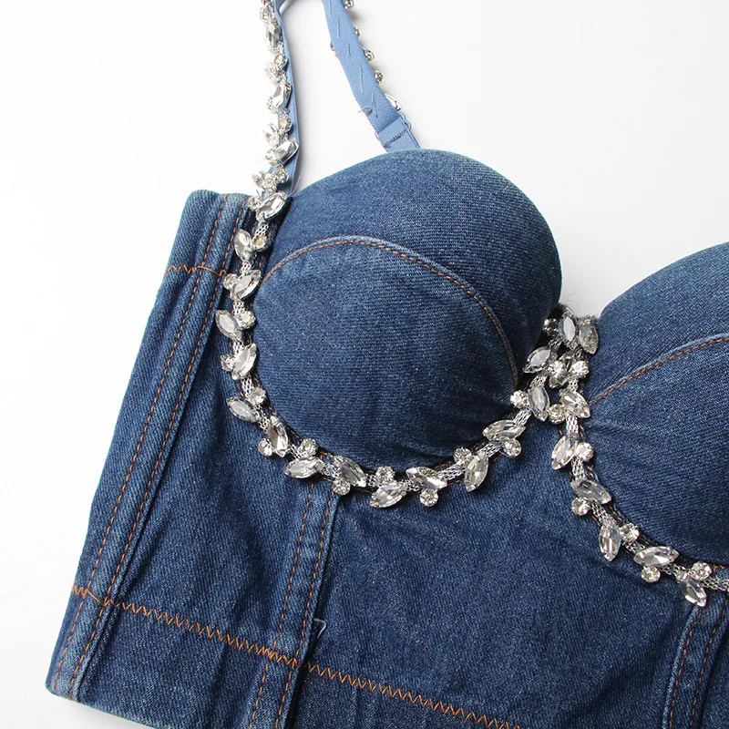 GetSpring Mulheres Camis 2023 Verão Sexy Sem Alças, O Design De Diamante Jeans Azul Halter Jean Crop Top Da Moda Senhoras Tops Novo