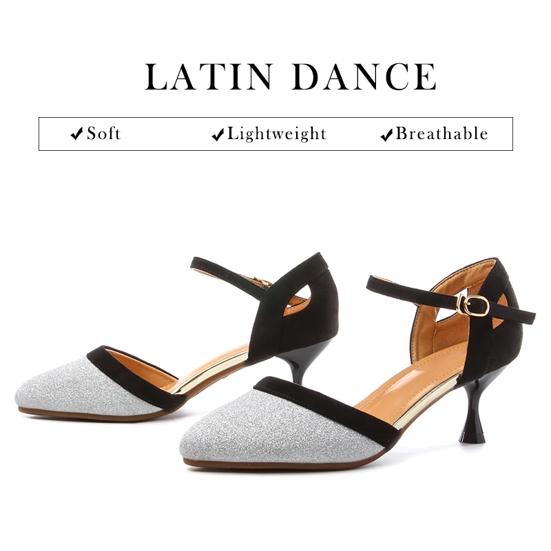 DKZSYIM latino Dança Sapatos Mulheres de Salão de baile de Tango Glitter Flash Festa de Dança Sapatos de Solas de Borracha Perto dos Pés de Prata de Moda 6cm Calcanhar