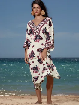 2023 moda verão praia nova estilo das mulheres de temperamento V-pescoço ampla com mangas impresso saia longa reta vestido midi