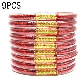 9Pcs/set Glitter Vermelho Leve a Geléia Pulseira Bracelete para as Mulheres a Moda do Silicone Pulseira Templo Budista da Pulseira