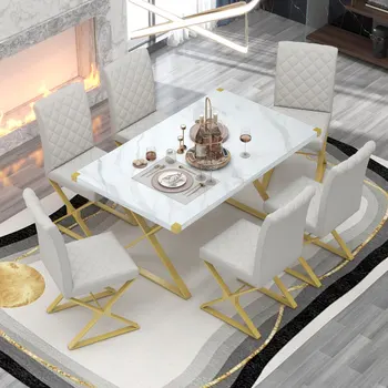 Branco 7-Peça Moderna Mesa de Jantar Conjunto Retangular de Mármore da Cozinha Mesa e 6 Cadeiras de couro PU, Para o interior do restaurante móveis
