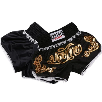 Calções de boxe Mulheres Homens Crianças Shorts de Muay Thai Borlas de Cetim Bordado de MMA Calça Preta Branca de Treinamento de Luta de Kickboxing Uniforme