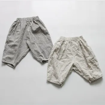 Crianças Filhos de Verão, Roupa de cama de Algodão Calças Estilo coreano Xadrez Bezerro comprimento de Calças de Meninos do Bebê Solto e Casual Calças de Roupas de Crianças