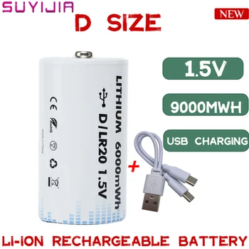 D Tamanho da Bateria Recarregável do USB de 1,5 V 9000mWh bateria Recarregável do Li-Íon para Fogão a Gás da Tocha Aquecedor de Água LR20 1ª Bateria