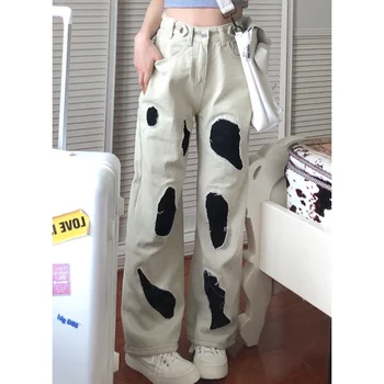 Damasco calças de Brim das Mulheres Impressão de Cintura Alta Americana de Perna Larga Calças Moda Y2K Estilo Baggy Vintage Feminina de Outono Reta Calças