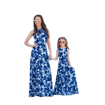 Família Combinando Roupas Mãe E Filha Vestido Longo Verão Sem Mangas Azul Vestidos Para A Mãe De Crianças Meninas A Festa De Casamento De Roupas