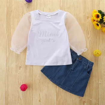 Garota verão Conjunto de Blusa Branca + Saia Jeans, Ternos para Crianças de Moda Conjunto de Roupas de Crianças