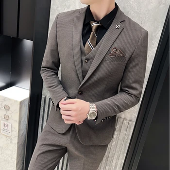 Homens de Negócios Slim-fit (terno + Colete + Calça) Formal Versão coreana do Sólido de Cor do Terno do Noivo Vestido de Casamento de Três peças de Conjunto