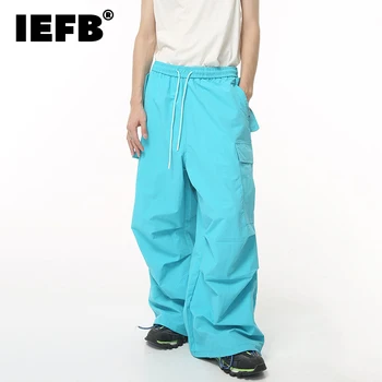 IEFB Homens Folgado Carga Calça Colorida Plissado Casual Wide Leg Macacão Outono Novo Estilo coreano Solta Hip Hop Prega Calças 9C1527