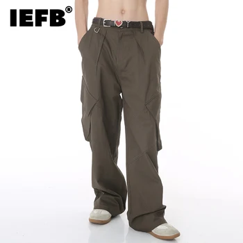 IEFB Vintage masculina Casual Calças Cargo Hip Hop Macho Solta Grande Bolso Vestuário de trabalho de Perna Larga Calças de Verão Plissado Macacão 9C848