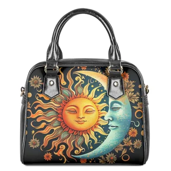 Luxo de Couro Bolsa de Ombro para Senhoras Casual Compras Crossbody Sacos de Moda Quente Lua E o Sol de Padrão de Design de Arte Festa de Bolsas