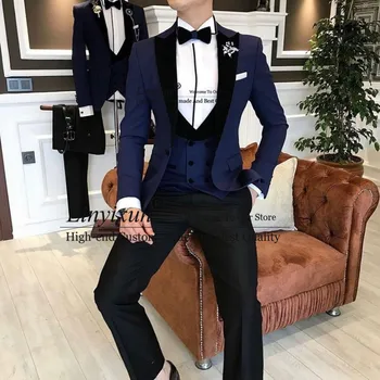 Mais Nova Moda Azul Marinho Traje De Homem De Negócios De Noiva, Ternos Para Homens De Ternos Masculinos Slim Fit Smoking 3 Peça De Mens Fatos