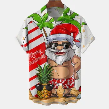 Mens Natal Santa Impressão De Surf De Botões Frontais Suave Respirável Bolso De Peito Casual Camisa Havaiana