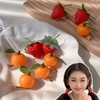 Morango Grampo de Cabelo Simulação de Alimentos de Frutas Laranja/Cereja/Pêssego/Chili Lado Clipe 3D Grampo de Cabelo Bonito Estranho Acessórios de Cabelo de Meninas