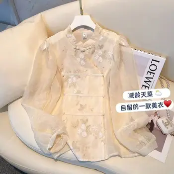 Nacional estilo as mulheres Chinês bordado China-Chic primavera blusa de 2023 para a nova safra de manga longa modificado cheongsam camisa blusa