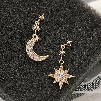 Novo Assimétrico Estrelas, Lua de Pendurar Brincos para Mulheres Brilhantes Pendentes de Cristal coreano de Moda de Casamento de Luxo Ouvido Jóias 2024
