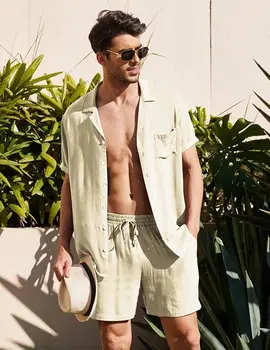Novos Homens de Verão, Roupa de cama de Algodão Conjunto de Camisa masculina Casual ao ar livre 2-Terno de Peça de Roupa Confortável e Respirável Praia de Manga Curta Conjuntos