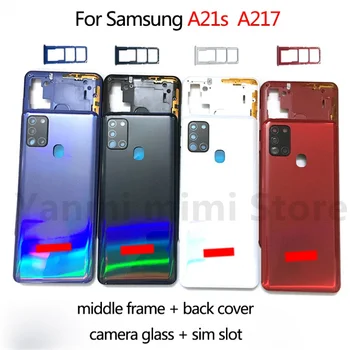 Para Samsung Galaxy A21s A217 de Habitação de Telefone Médio do Quadro do Chassi Tampa da Bateria Shell de Volta Caso de Trás da Porta de vidro da Câmera ranhura do cartão sim