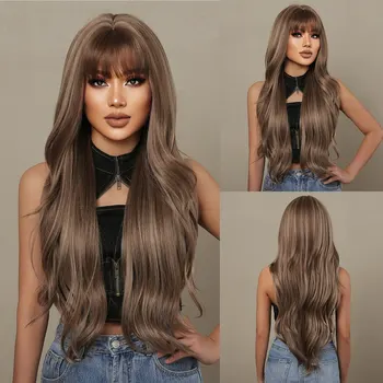 Peruca sintética para mulheres de cabelos longos gradiente marrom reta bateu ondulados cabelos cacheados, macio, natural e realista peruca conjunto