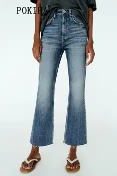 Pokiha Moda Das Mulheres Do Vintage Bolsos Do Jeans Flare Meados De Cintura Zíper Chique Voar Jeans Feminino Tornozelo Calças De Mulher