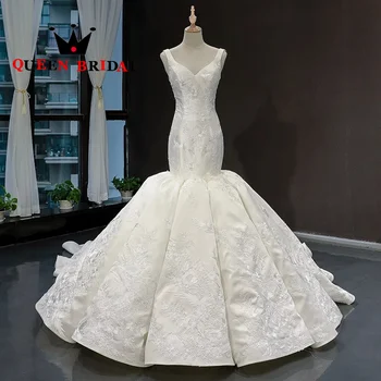 Requintado Sereia Apliques de Laço do Vestido de Casamento De 2023 Decote em V Manga do Assoalho-Comprimento Vestido de Noiva Vestidos De Noiva Personalizados Y70W