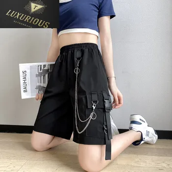 Shorts Mulheres no Verão Com a Cadeia de Comprimento do Joelho Preto Grande perna Solta Armar coreano Casual Office BF Moda Streetwear Simples #DK01