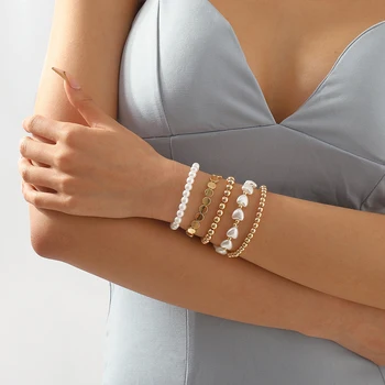 Simples De Coração De Amor A Pérola De Imitação Perla O Bracelete Conjunto De Moda De Várias Camadas De Bracelete Para As Mulheres De Jóias