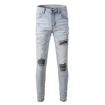 SOU a Marca de Moda Jeans masculino Estilo Punk Trecho Skinny Azul Patchwork Estrelas Patch Calças de Alta Qualidade Arrancadas em linha Reta Lápis, Calças