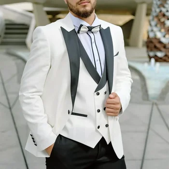 Ternos elegantes para os Homens de 3 peças Blazer Branco de Colete Preto com Lapela de Negócio Formal de Casamento Noivo Melhor Homem Vestido de Smoking Desgaste