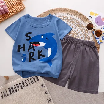 Tubarão Padrão de T-shirt + Shorts 2pc/conjunto Para Bebê Roupa de Meninos de Verão Novo 0-4 anos de Idade Crianças de Manga Curta Terno Fatos Menina Conjuntos